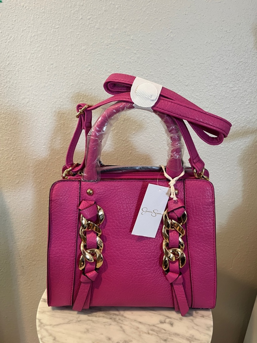 Jessica Simpson Raspberry Rose Satchel with Gold Chain Accents